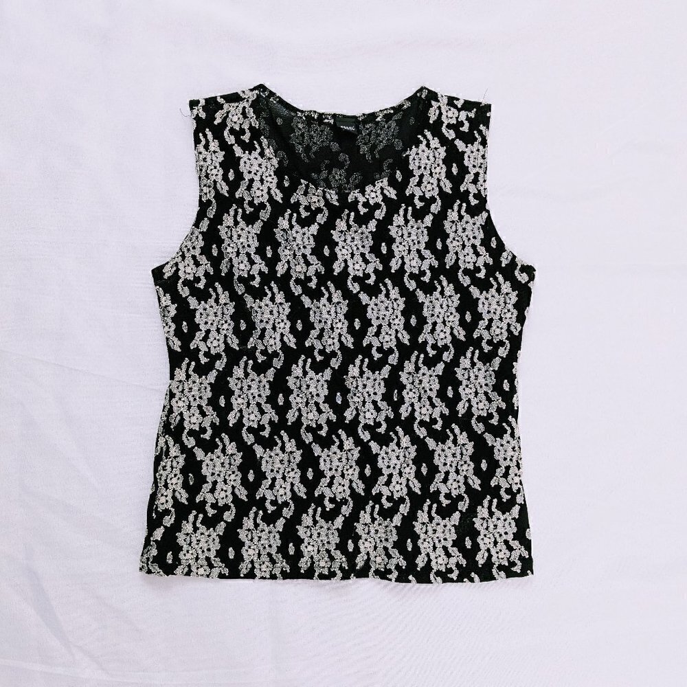 Vintage Black and Ivory Floral Stretch Tank Top Size M